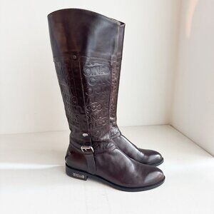 Costume National Chestnut Brown Spell-out Tall Riding Boots 37
